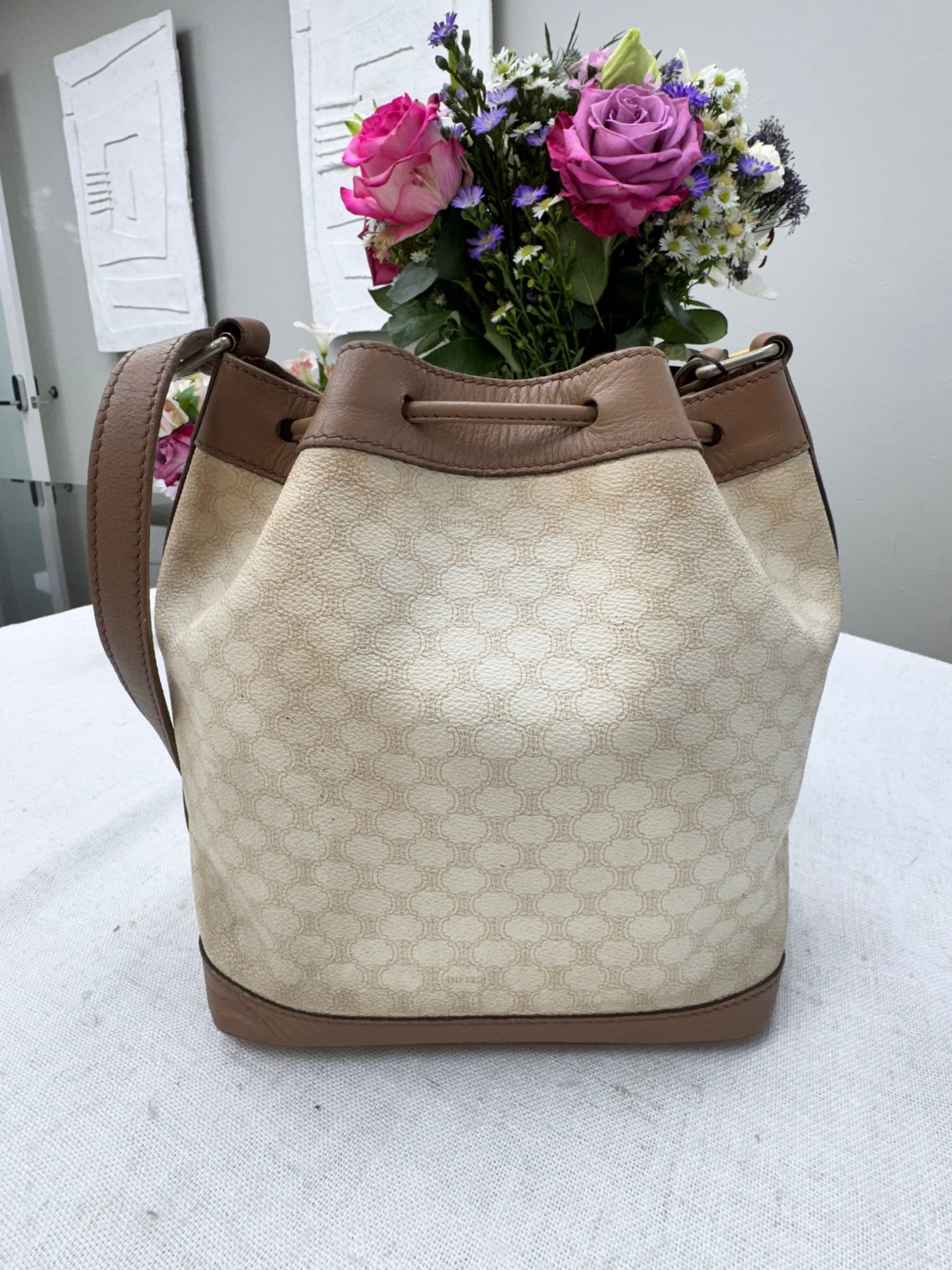 Celine Beige Coated Canvas Bucket Bag