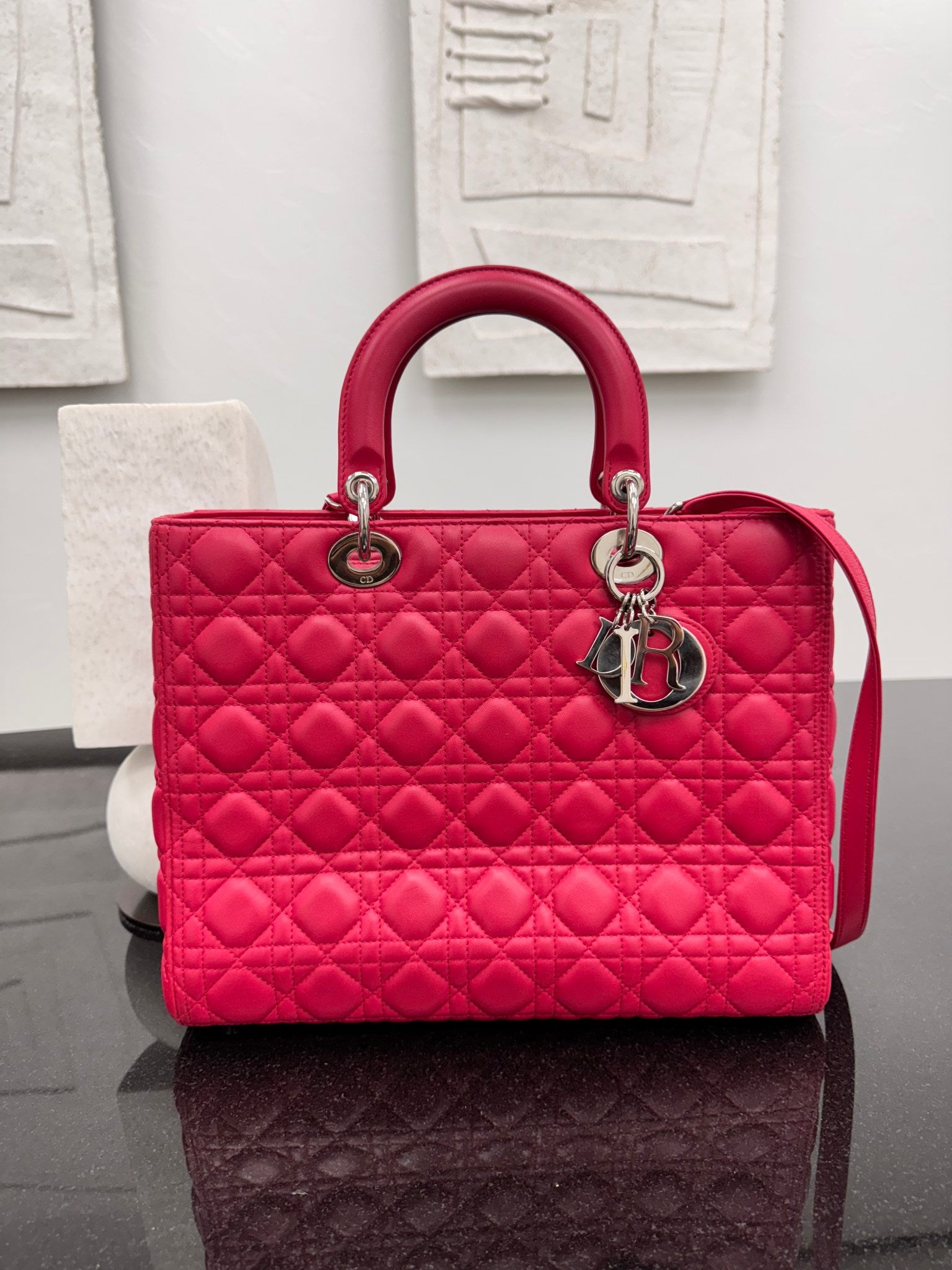 Christian Dior Dark Pink Quilted Lambskin Large Lady Dior Bag