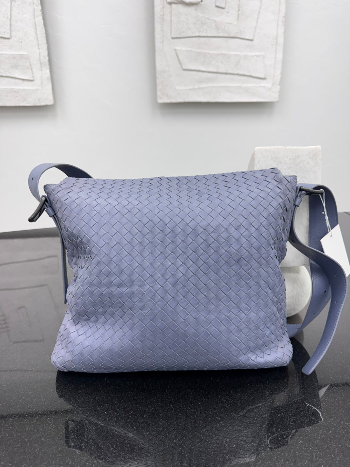 Bottega Veneta Blue Grey Intrecciato Leather Messenger Bag