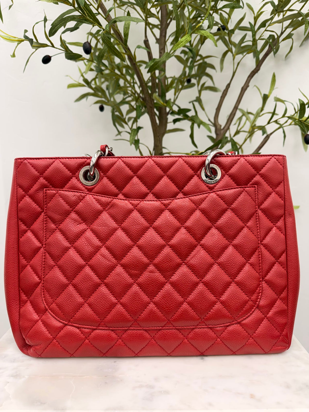 Chanel Red Chevron Quilted Caviar Leather GST Shopping Tote