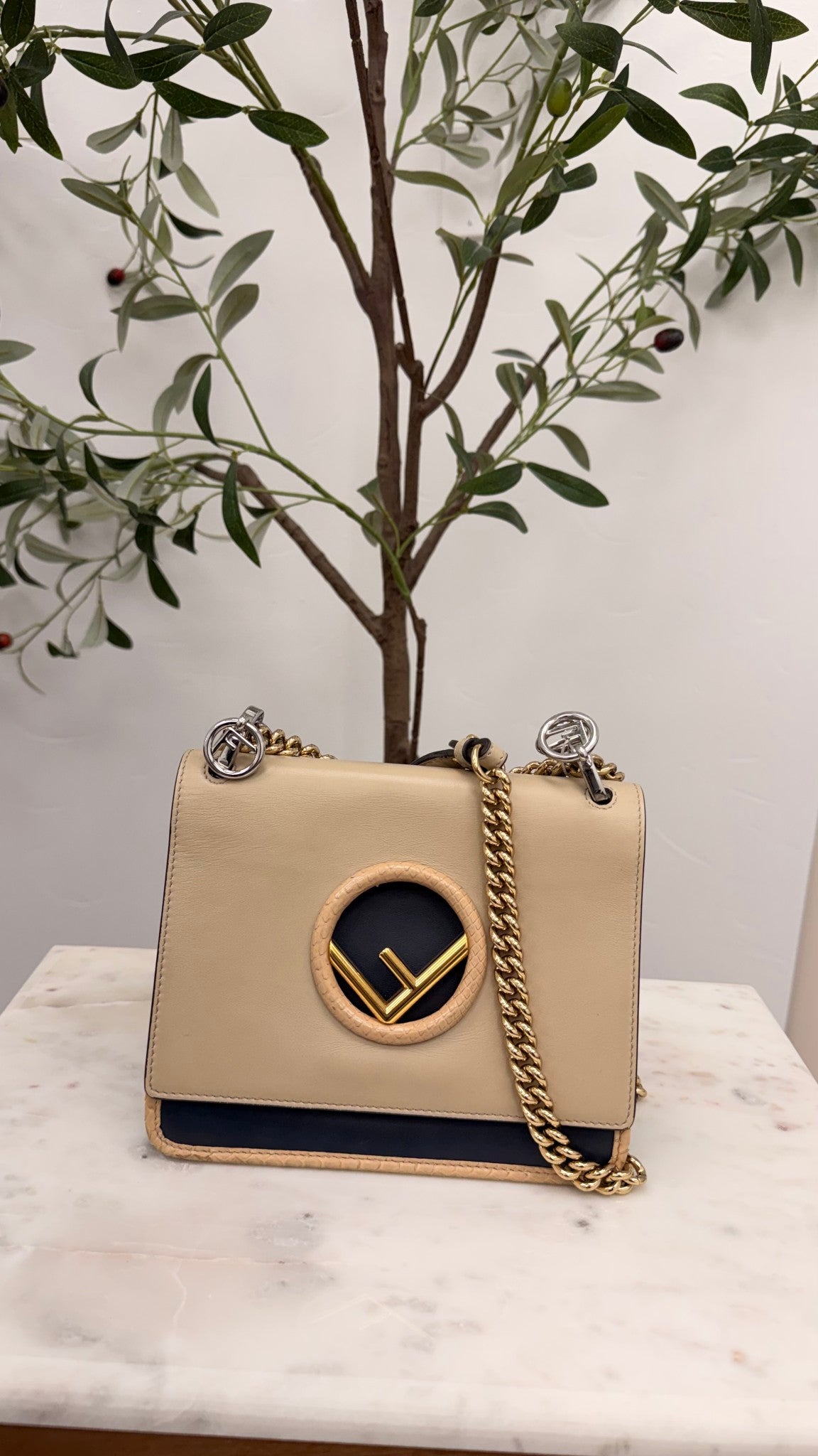 Fendi Navy And Beige Leather Kan I Chain Shoulder Bag 