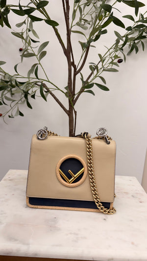 Fendi Navy And Beige Leather Kan I Chain Shoulder Bag