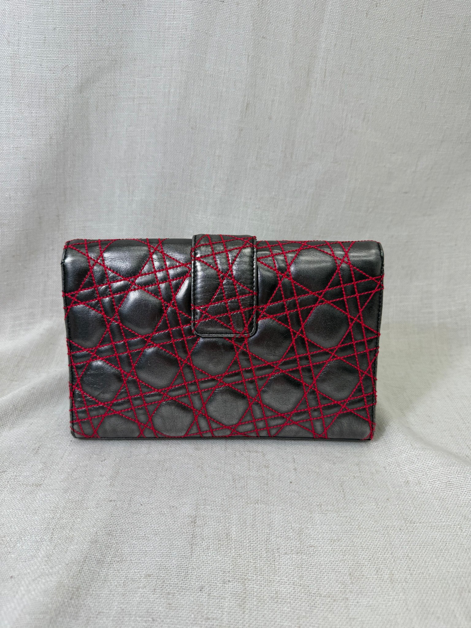 Christian Dior Silver Calf Leather And Red Cannage Stitching Miss Dior Clutch Bag
