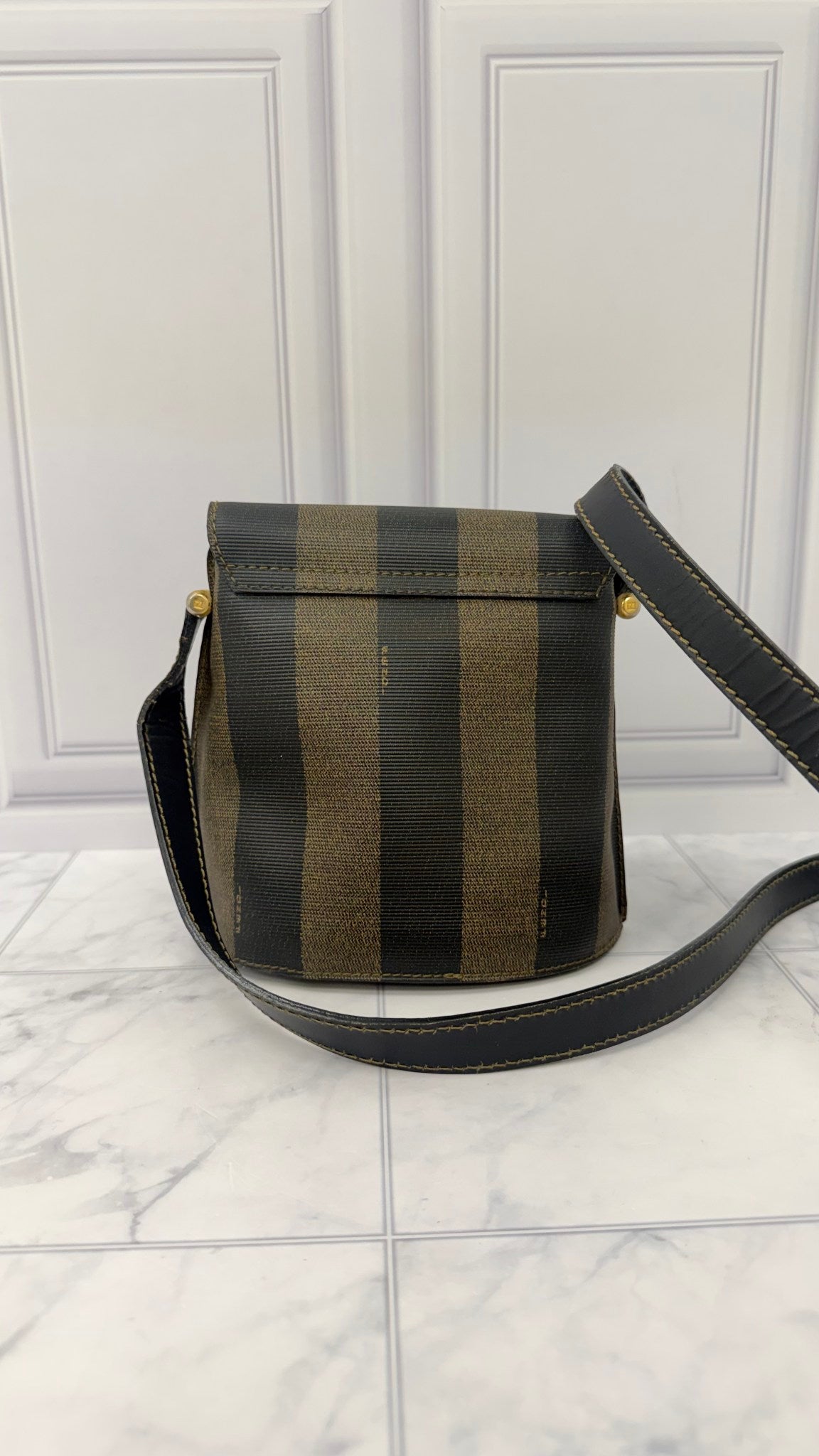Fendi Brown And Black Coated Canvas Pequin Stripe Shoulder Bag 