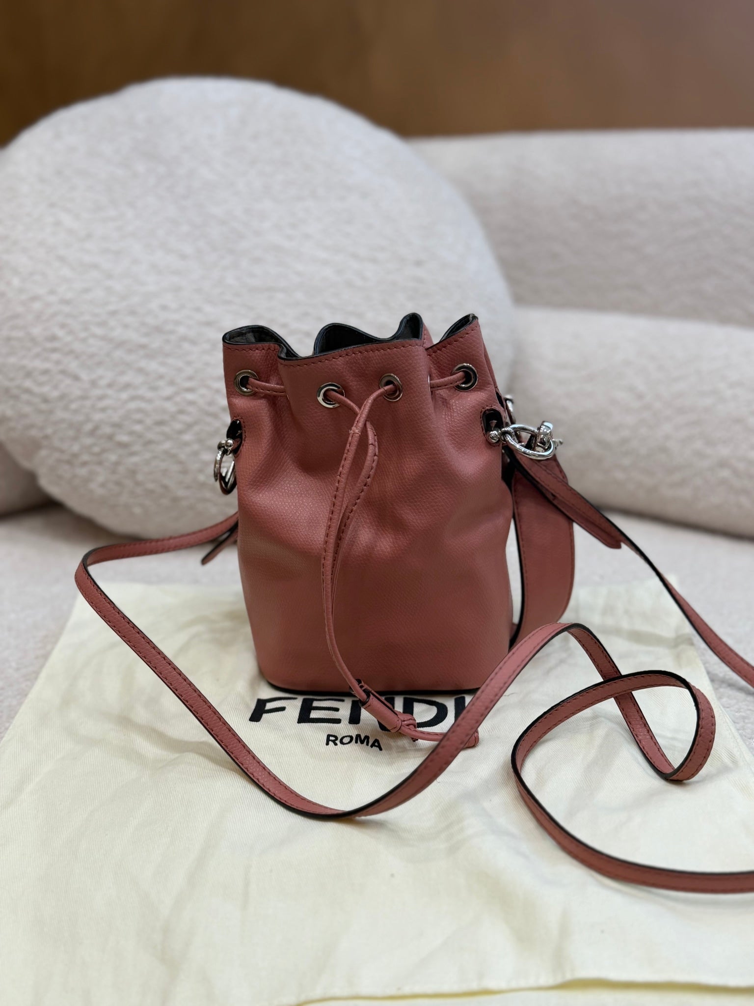 Fendi Peach Leather Mini Tressor Bucket Bag