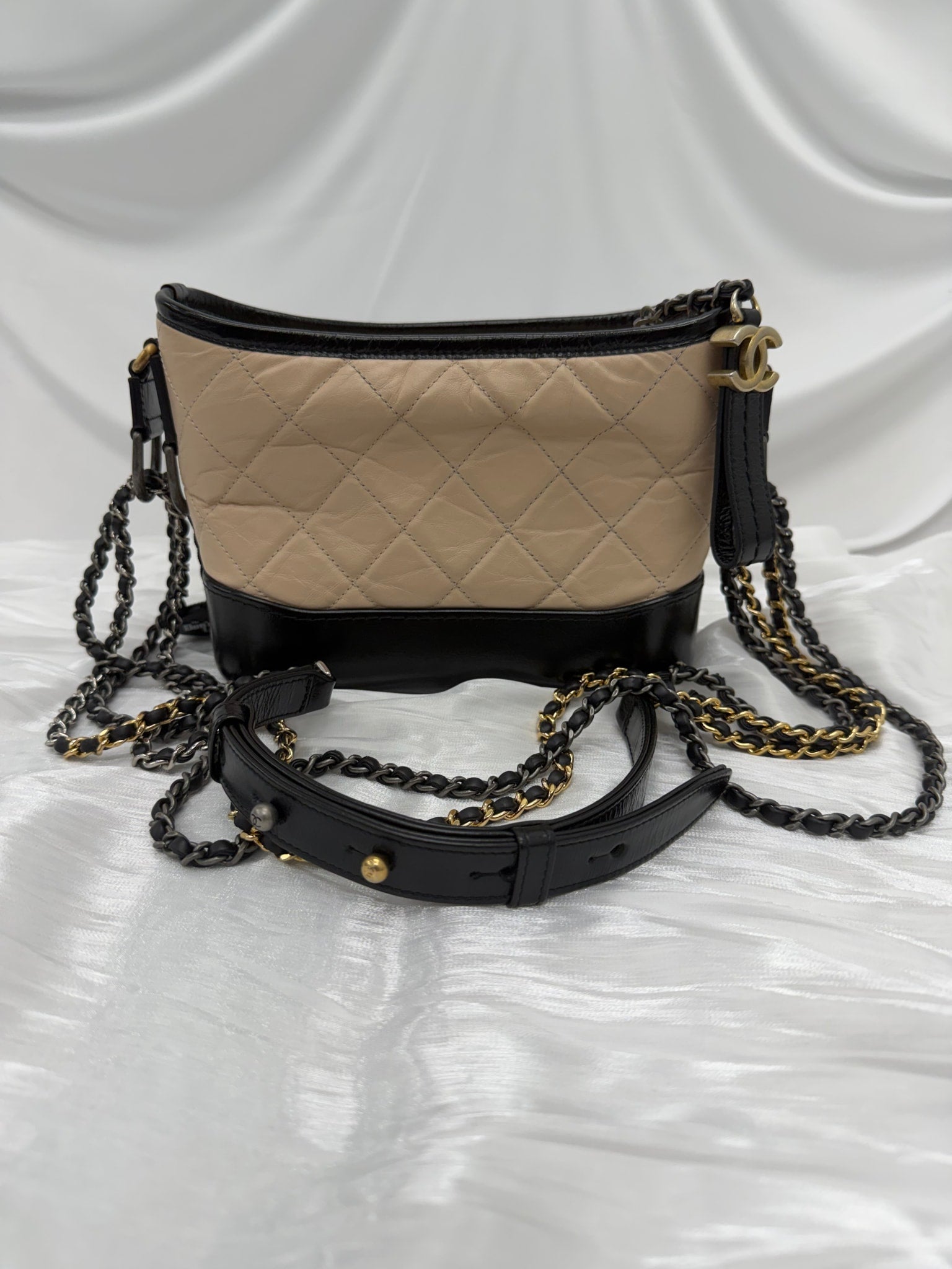 Chanel Tan & Black Aged Calfskin Quilted Small Gabrielle Hobo Bag