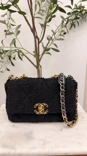 Chanel Black Tweed Chanel 19 Flap Chain Medium Shoulder Bag