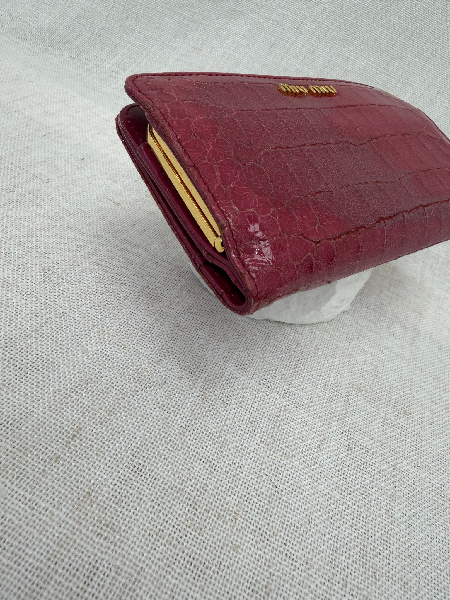 Miu Miu Dark Pink Crocodile Embossed Kiss Lock Wallet