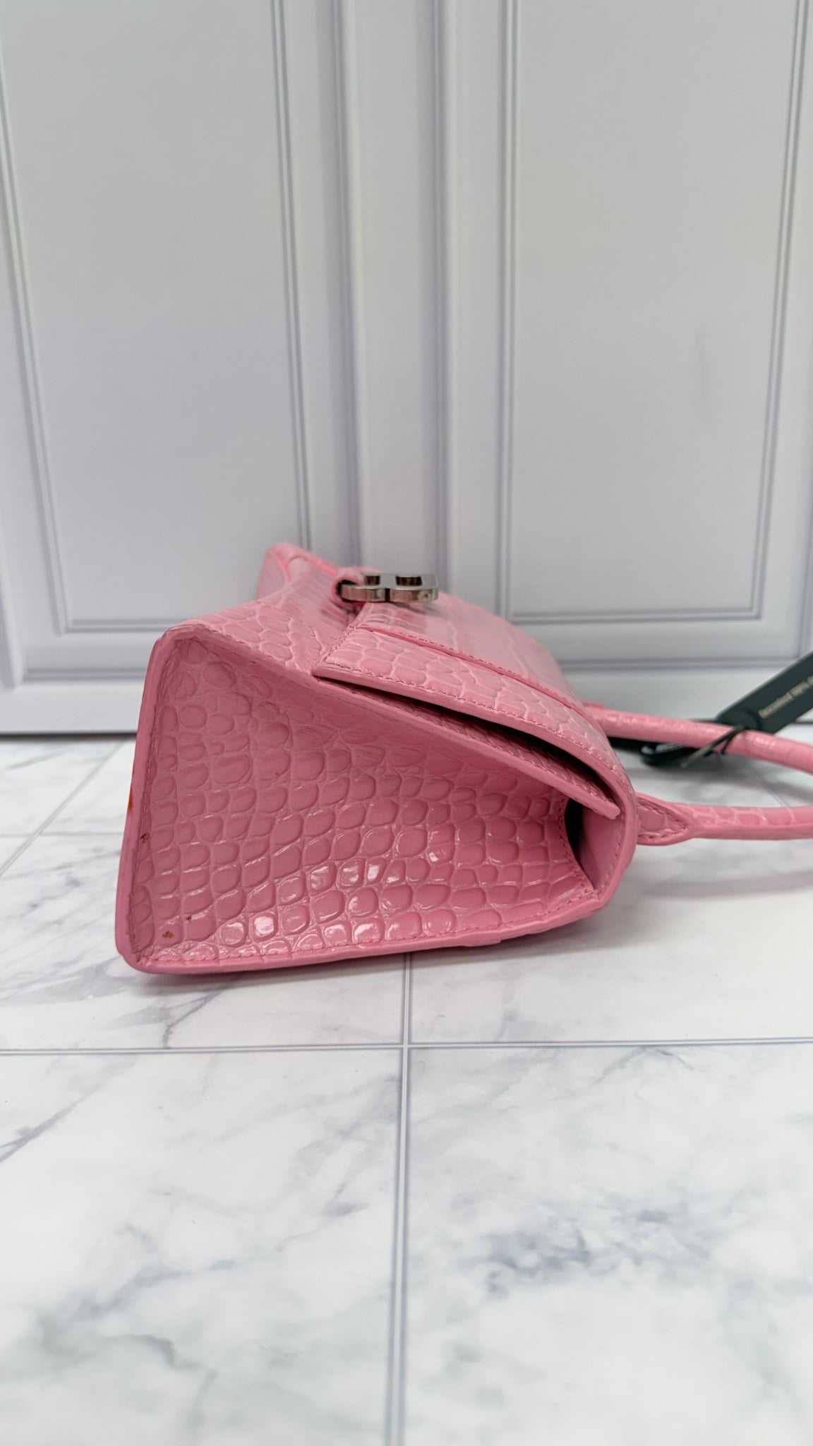 Balenciaga Pink Croc Embossed Leather Hourglass Top Handle Bag 