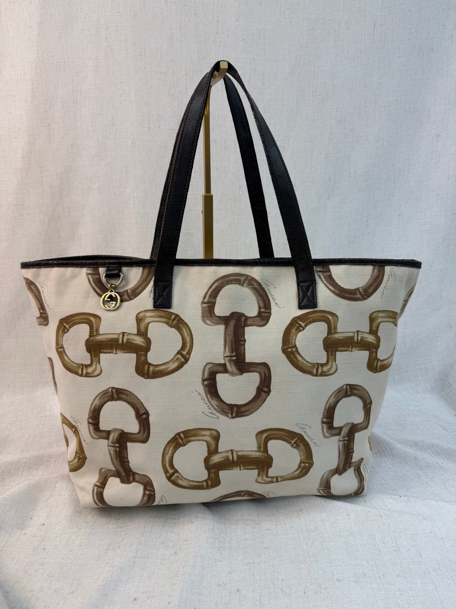 Gucci White Canvas Horsebit Print Tote Bag