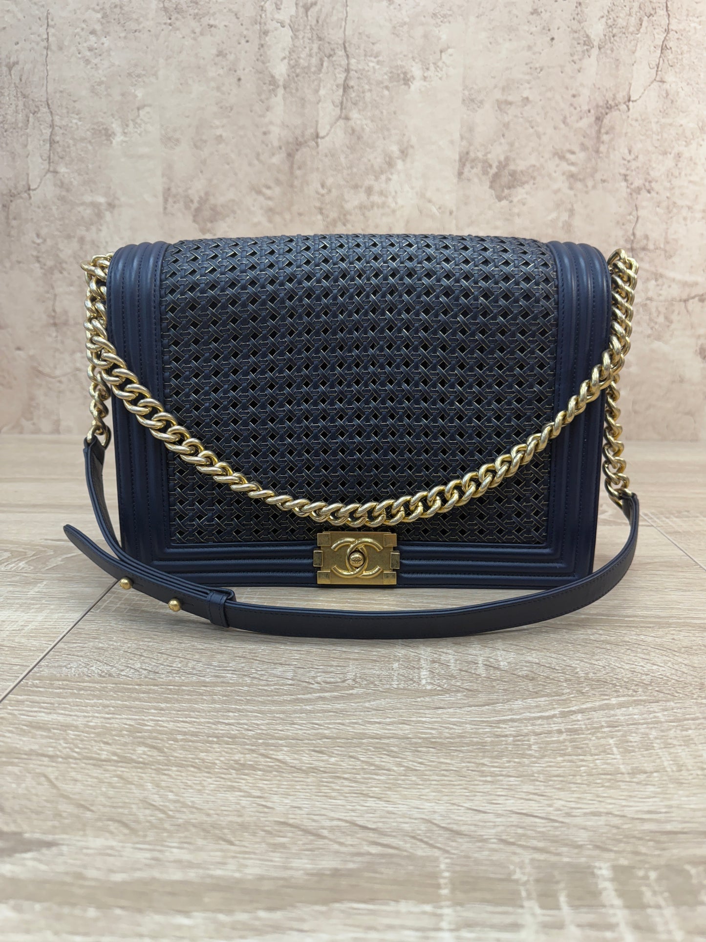 Chanel Navy Lambskin Braided Woven Boy Flap