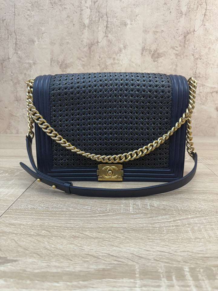 Chanel Navy Lambskin Braided Woven Boy Flap