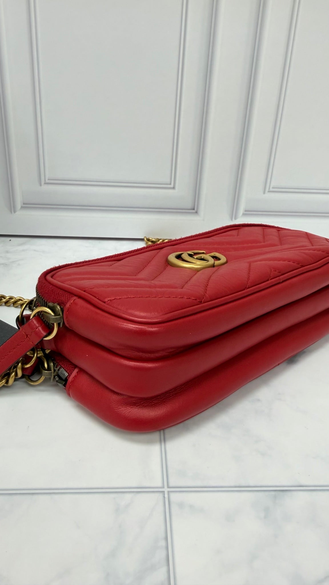 Gucci Red Leather GG Marmont Mini Camera Bag 