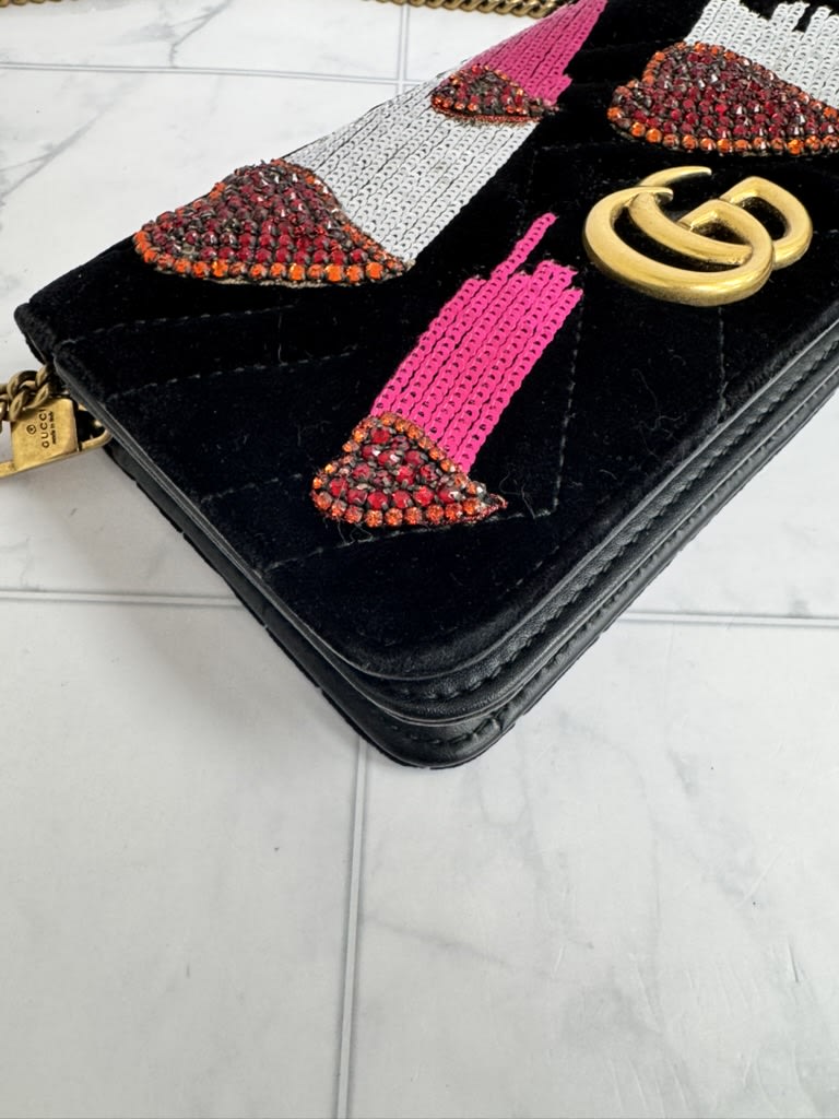 Gucci Marmont Black Chevron Quilted Velvet Embellished Hearts Wallet On A Chain