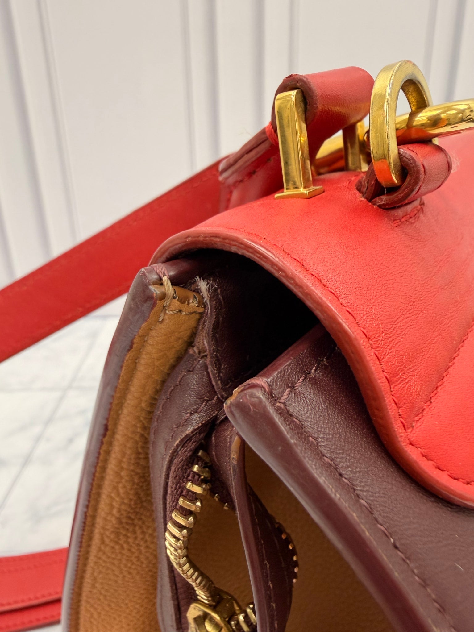 Celine Red & Burgundy Leather Small Trapeze Bag