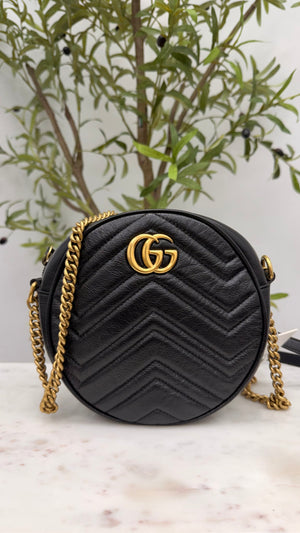 Gucci Black Chevron Matelasse Leather GG Marmont Mini Round Shoulder Bag