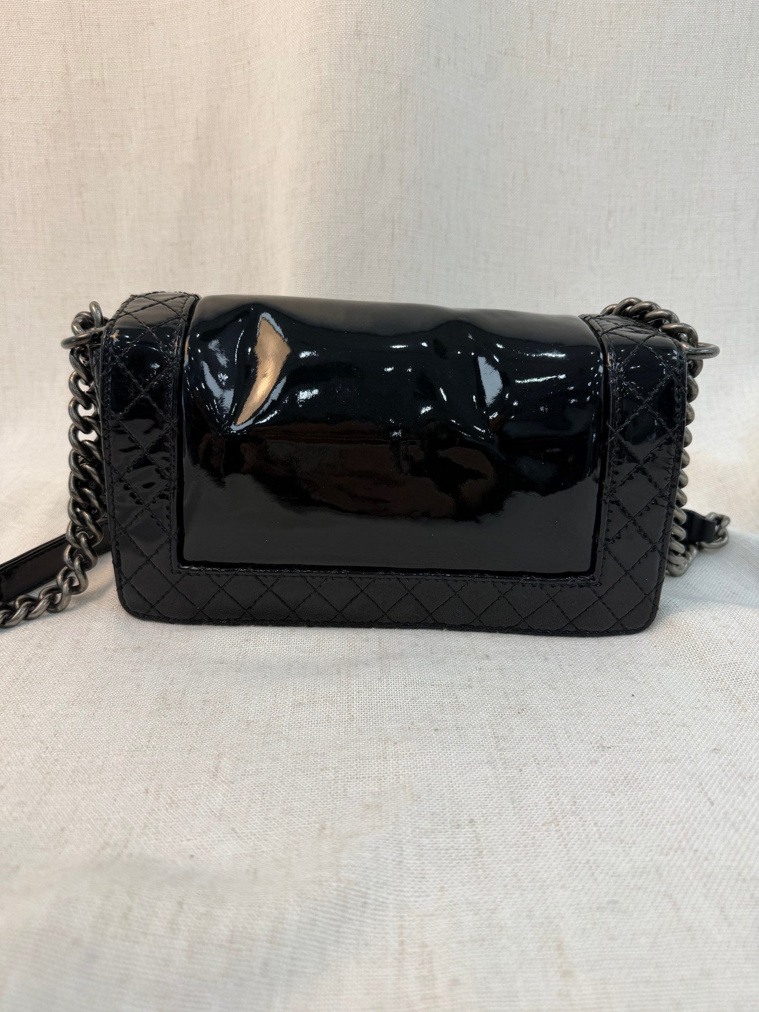 Chanel Black Patent Leather Medium Boy Bag