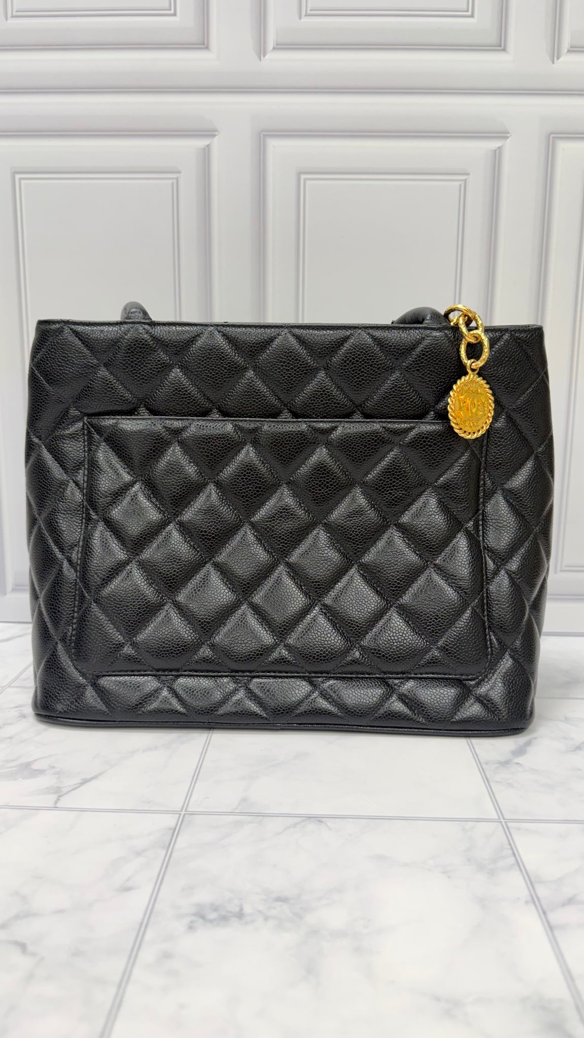 Chanel Black Caviar Leather Medallion Tote Bag 