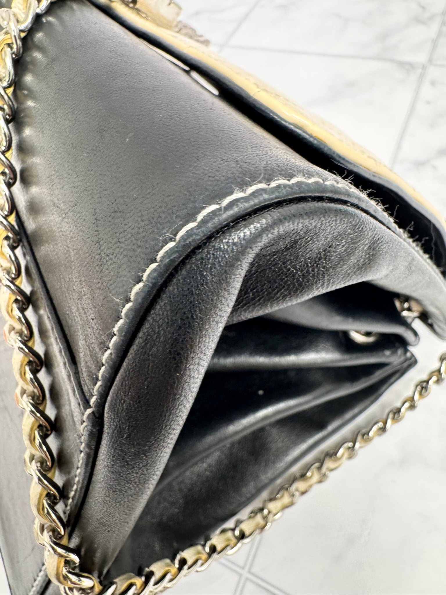 Chanel Beige And Black Quilted patent Leather Chocolate Bar Chain Flap Bag