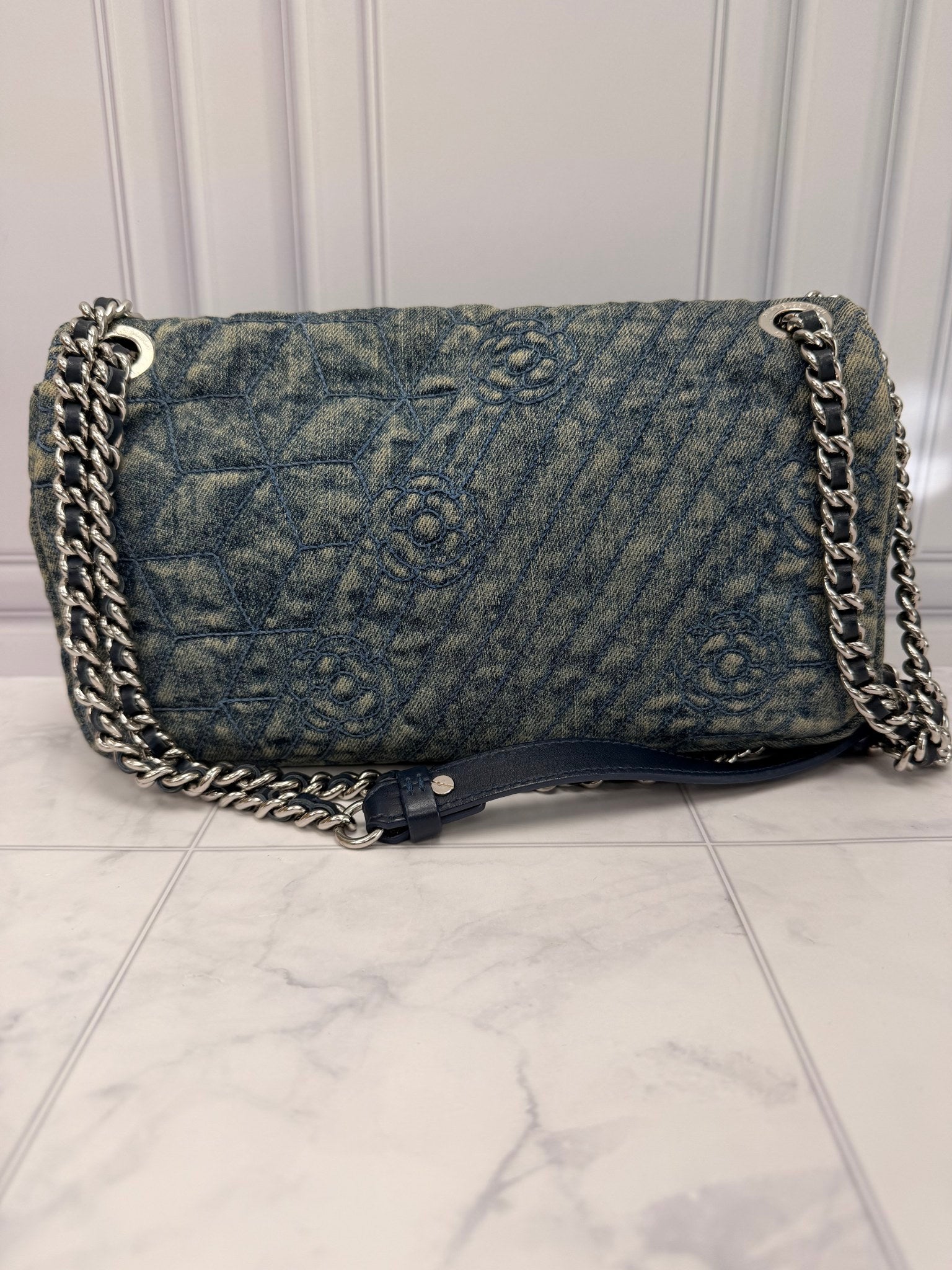 Chanel Denim Camellia Quilted Medium Flap Bag