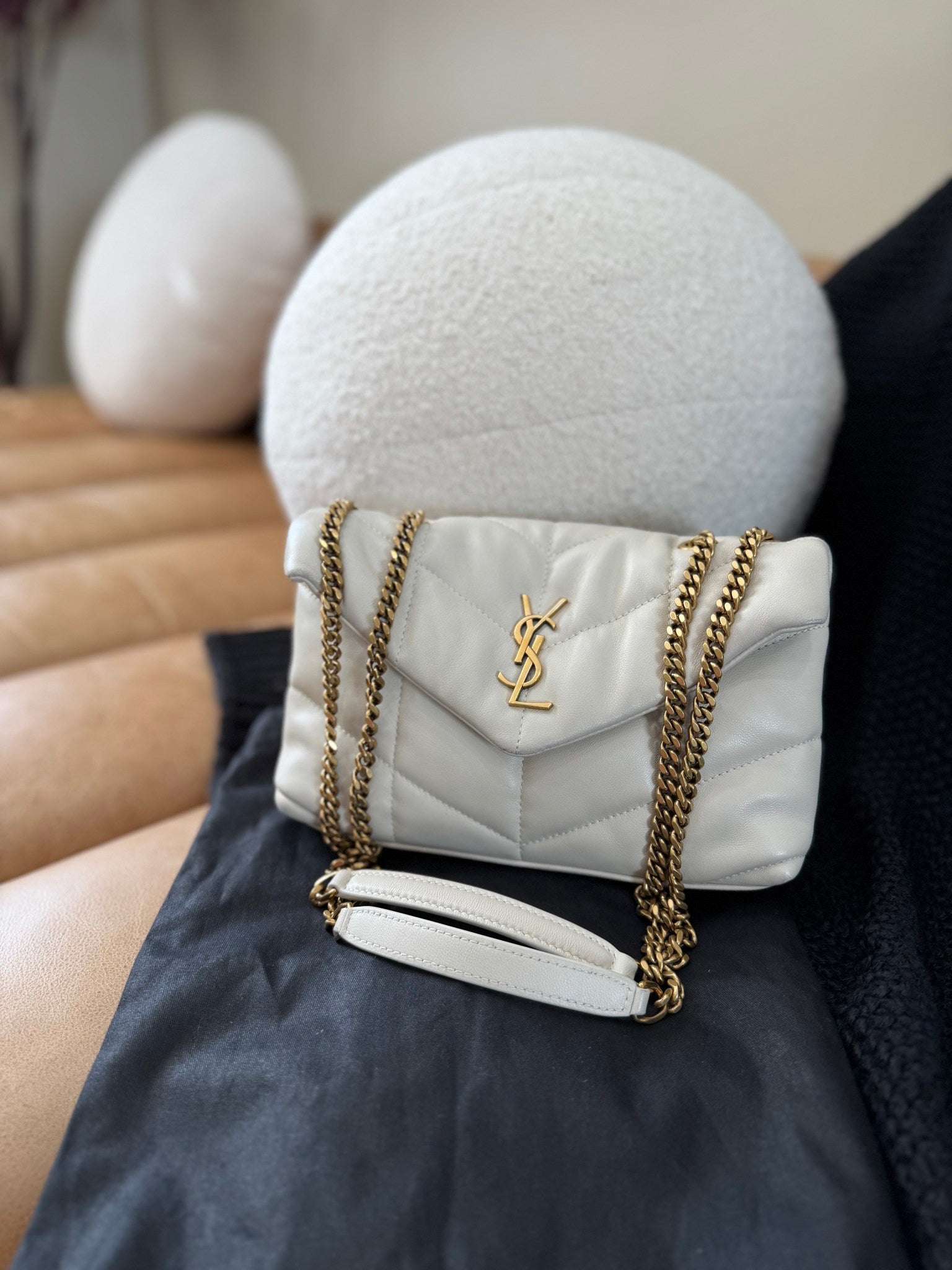 Saint Laurent YSL Beige Lambskin Quilted Toy Loulou Puffer Chain Satchel