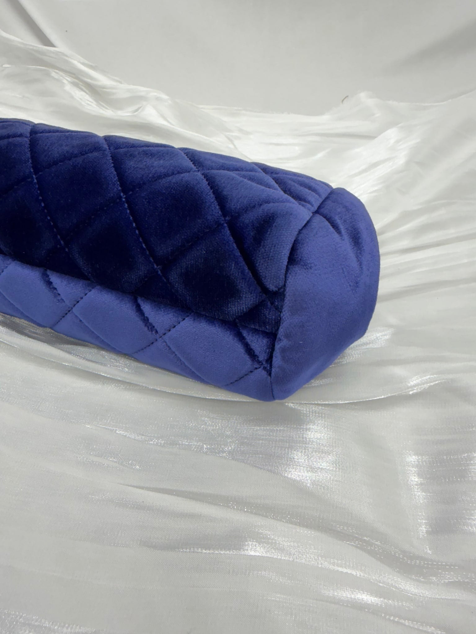 Chanel Blue Velvet Quilted Kiss Lock Clutch on a Chain