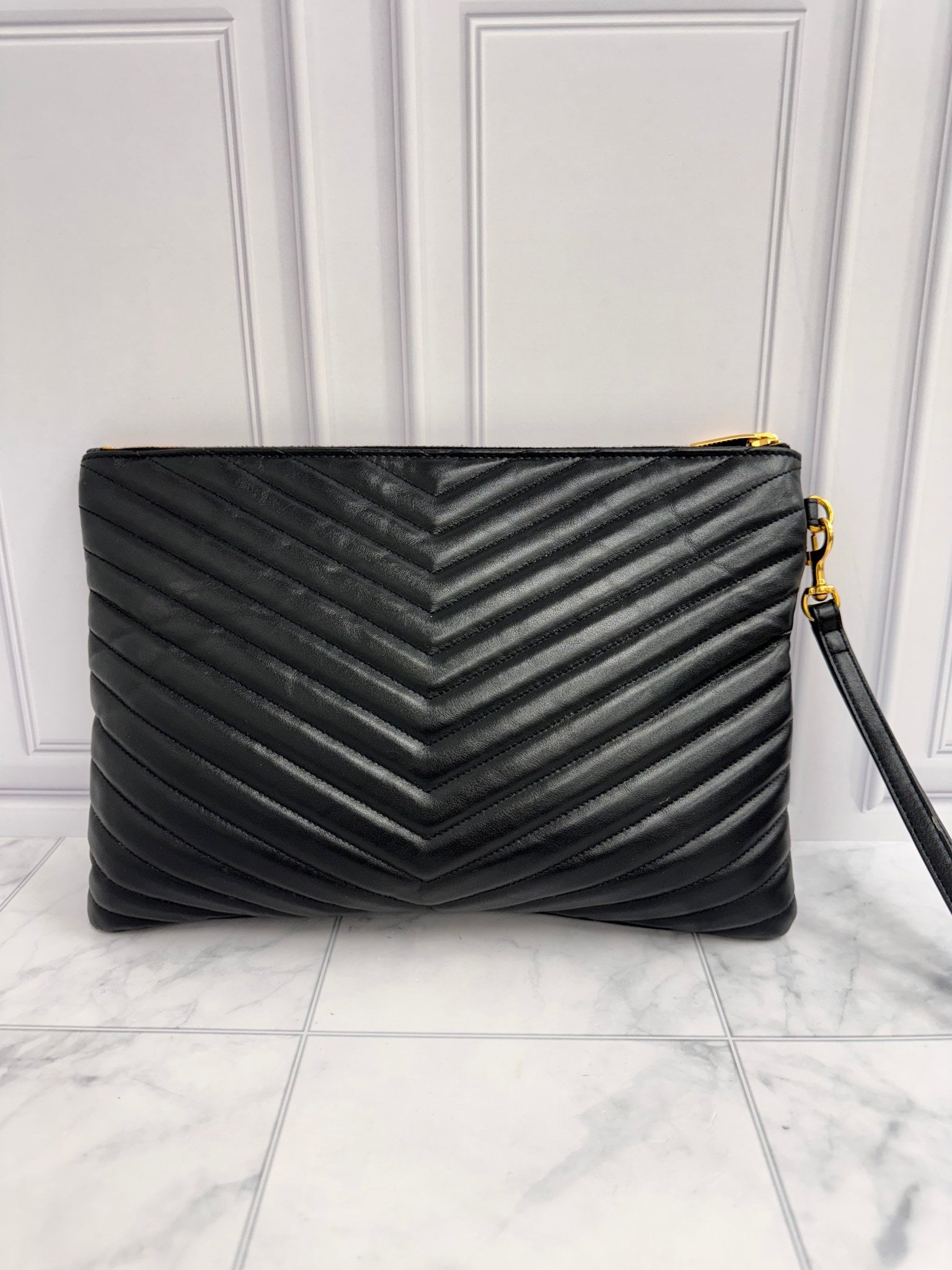 Saint Laurent YSL Black Chevron Quilted Leather Cassandre Large Pouch