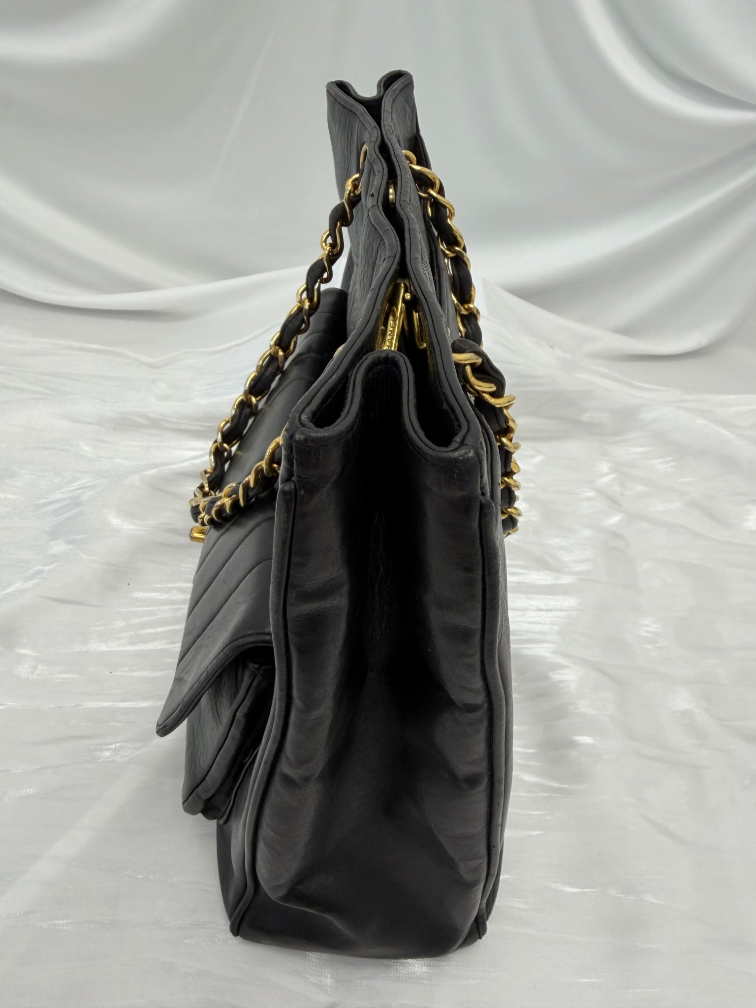 Chanel Black Leather Vertical Striped Mademoiselle Tote