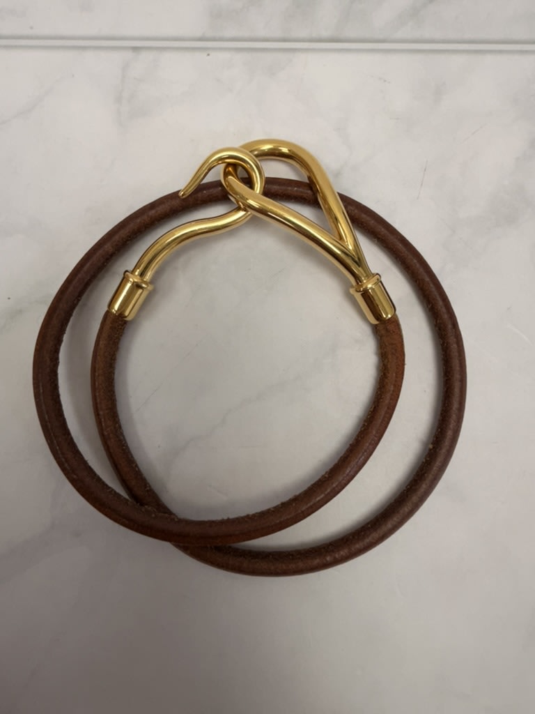Hermes Brown Leather & Gold Tone Jumbo Double Hook Wrap Bracelet