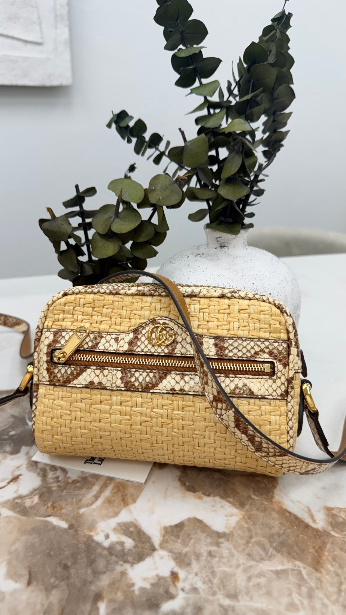 LIKE NEW -  Gucci Natural Raffia Python Leather Ophidia Mini Crossbody Bag 