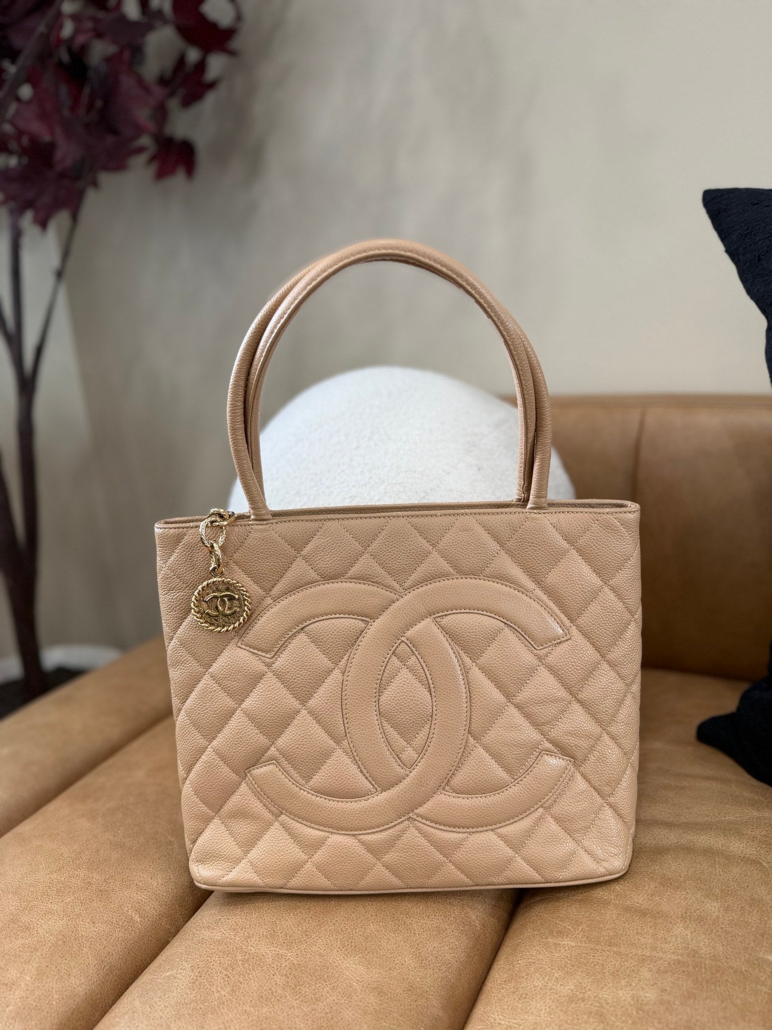 Chanel Beige Caviar Quilted Medallion Tote Bag