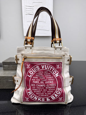 Louis Vuitton Beige Canvas Red Toile Globe Shopper Cabas Bag MM