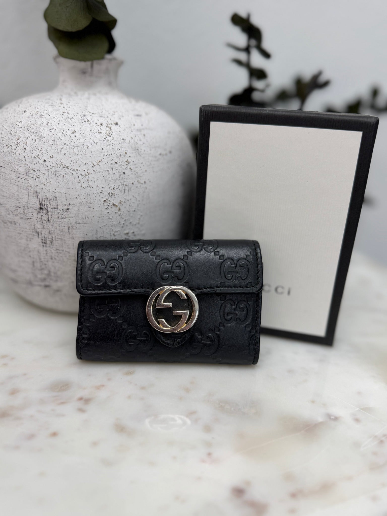 Gucci Black Guccissima Leather Interlocking G 6 Key Ring Case