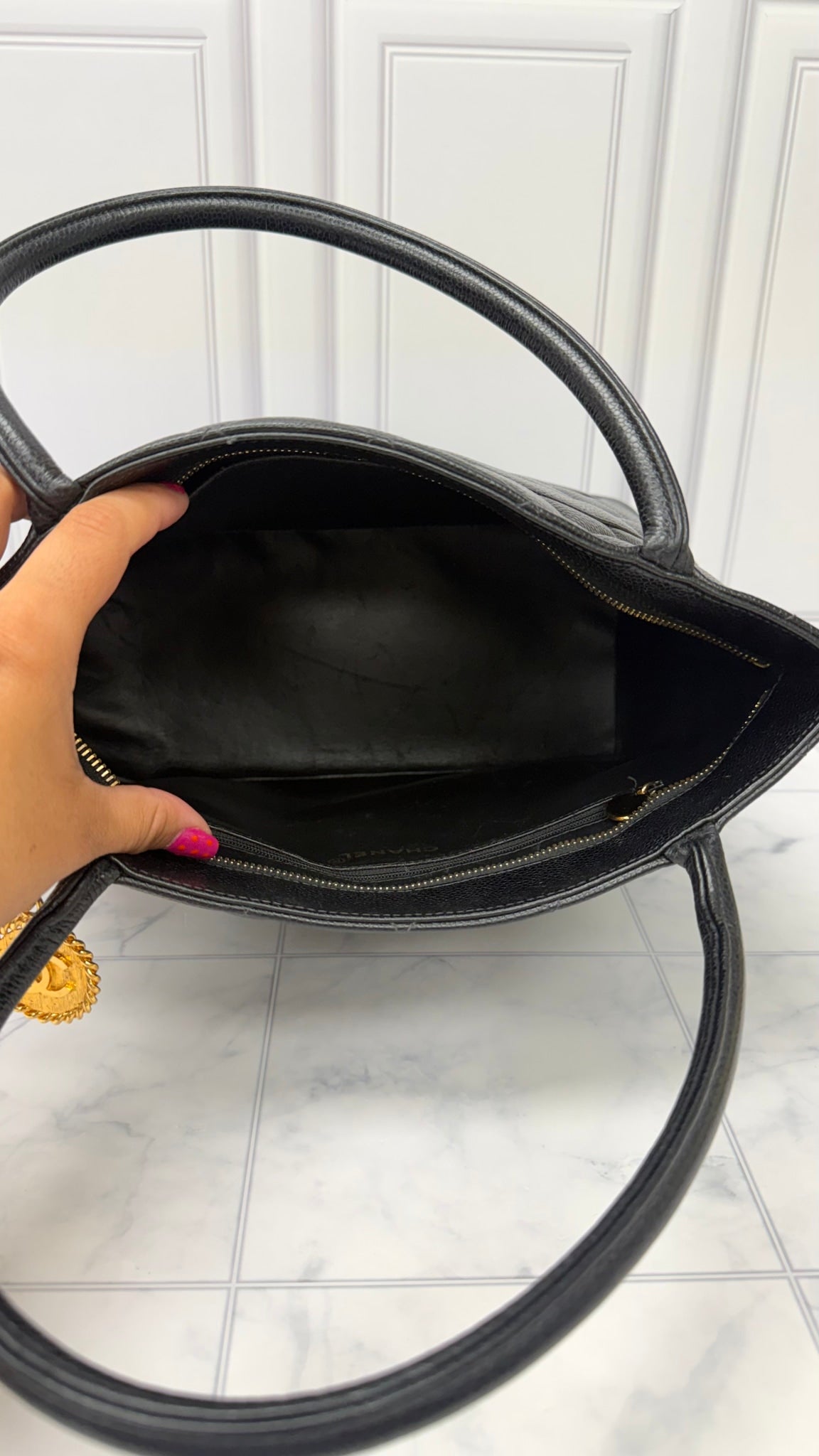 Chanel Black Caviar Leather Medallion Tote Bag 