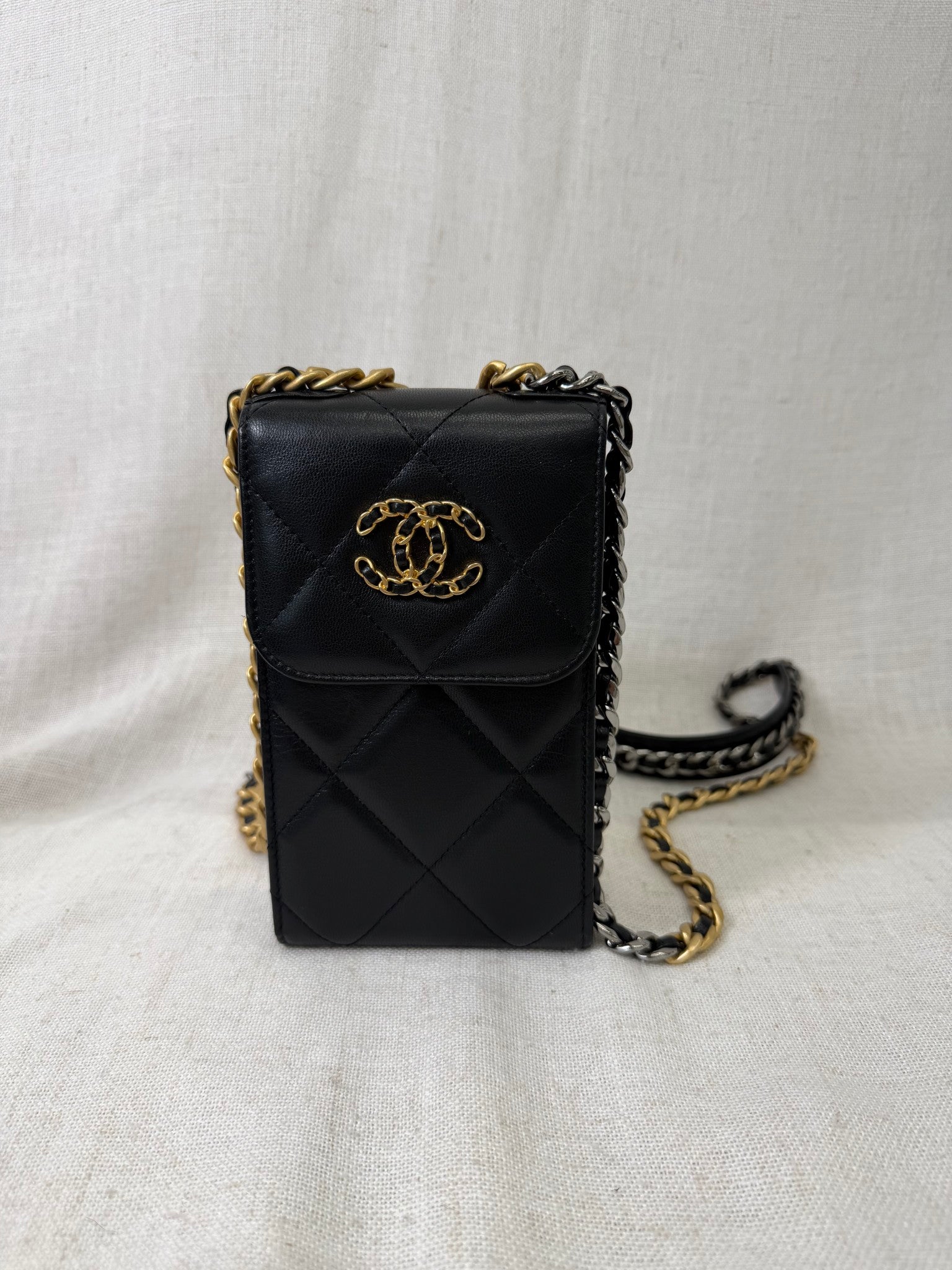 Chanel Black Lambskin Quilted Leather Phone Holder 