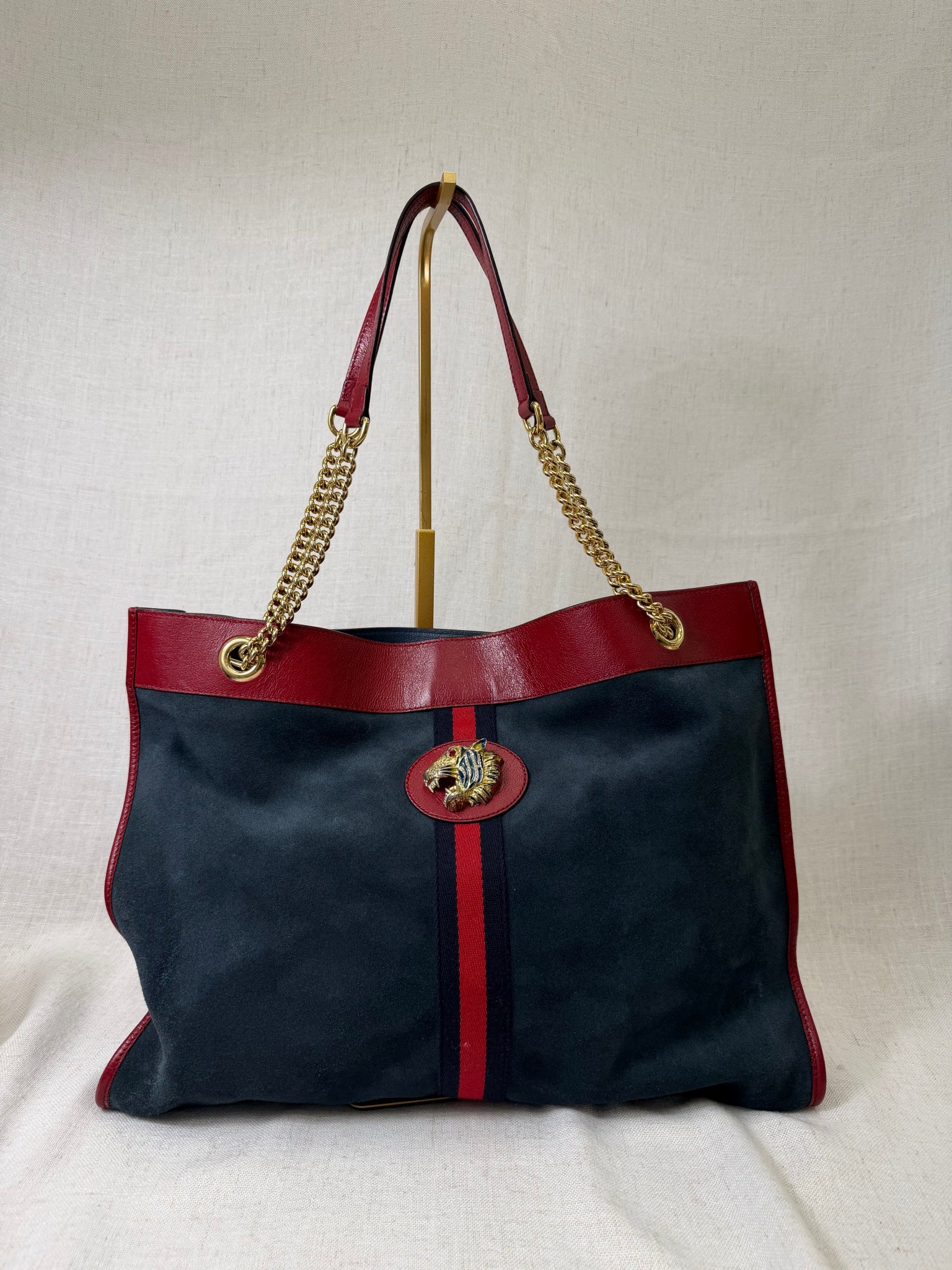 Gucci Navy Suede And Red Leather Rajah Tote Bag