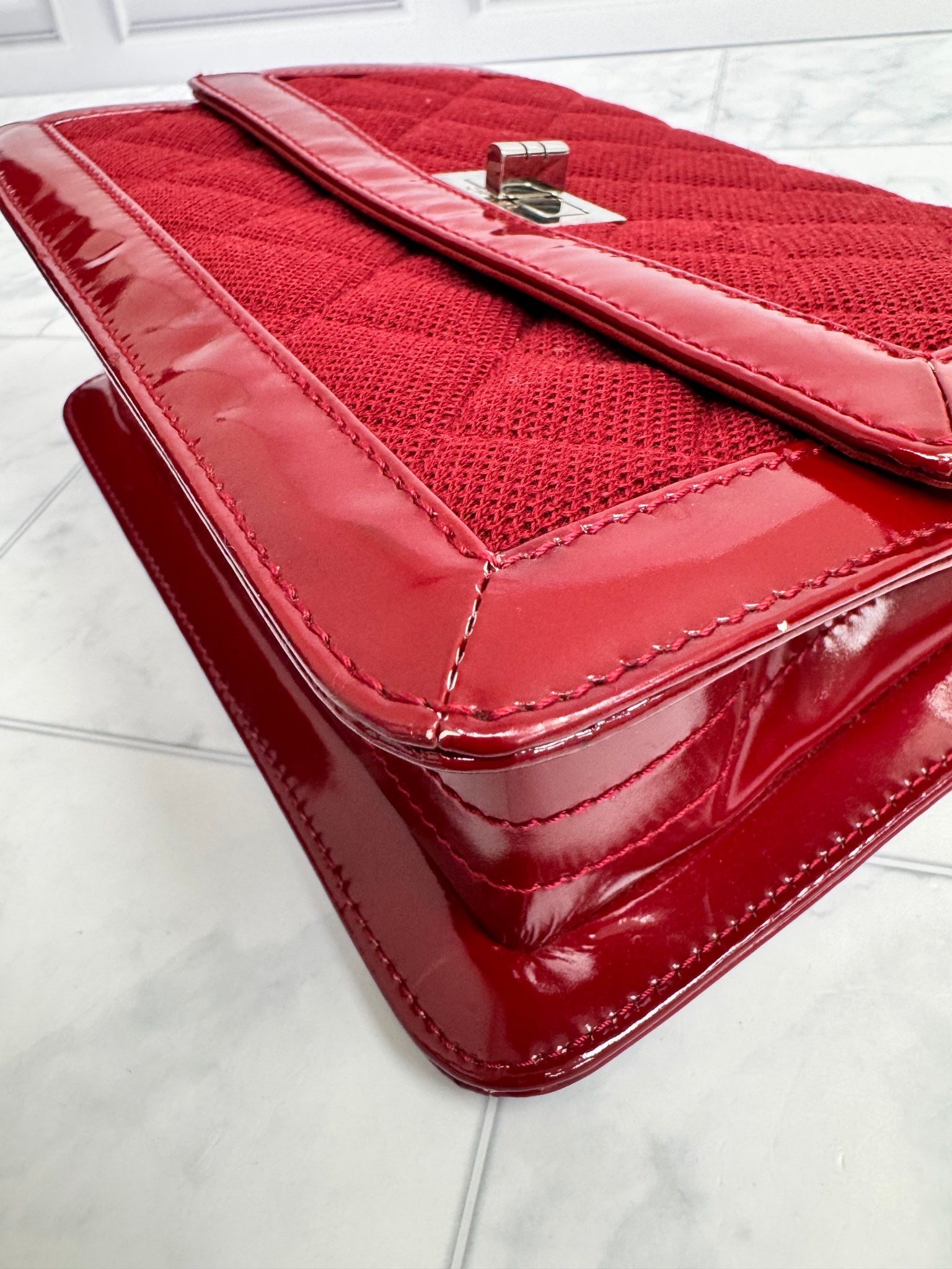 Chanel Red Quilted Jersey And Patent Leather 2.55 Reissue Flap Shoulder Bag