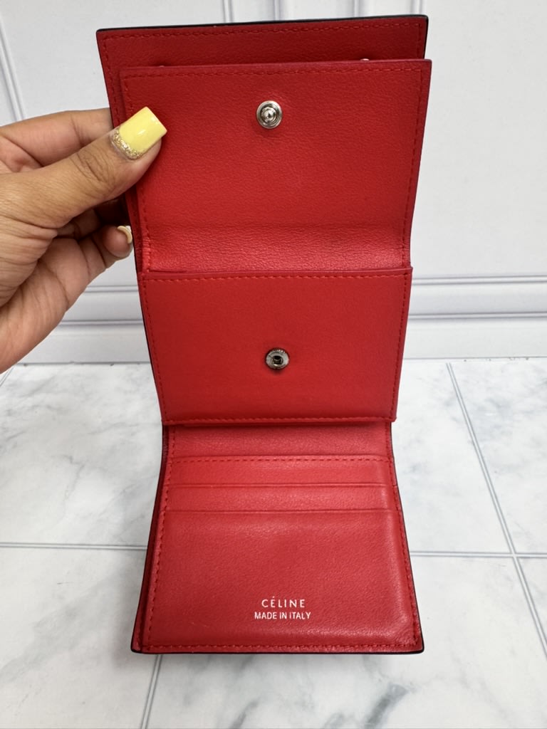 Celine Taupe And Red Pebbled Leather Compact Wallet