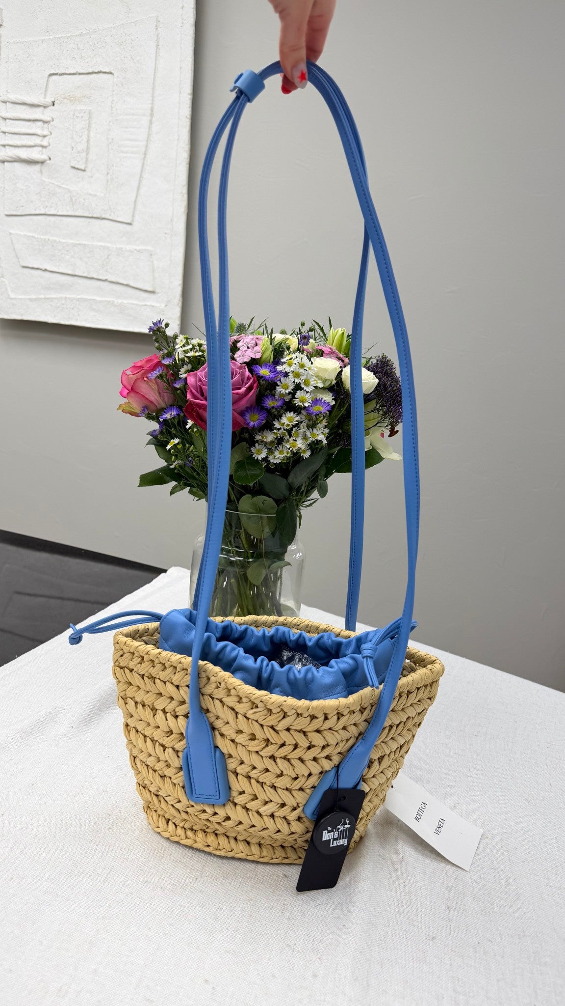 BRAND NEW- Bottega Veneta Raffia & Blue Leather Small Arco Basket Shoulder Bag