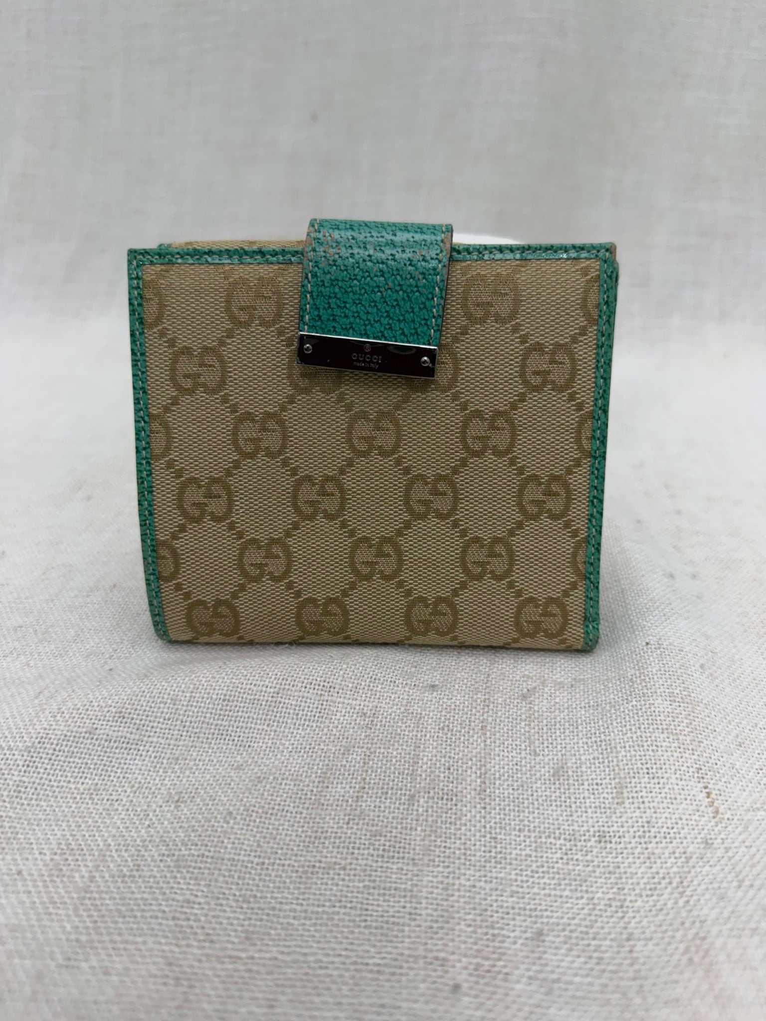 Gucci Tan GG Canvas & Teal Leather Compact Wallet