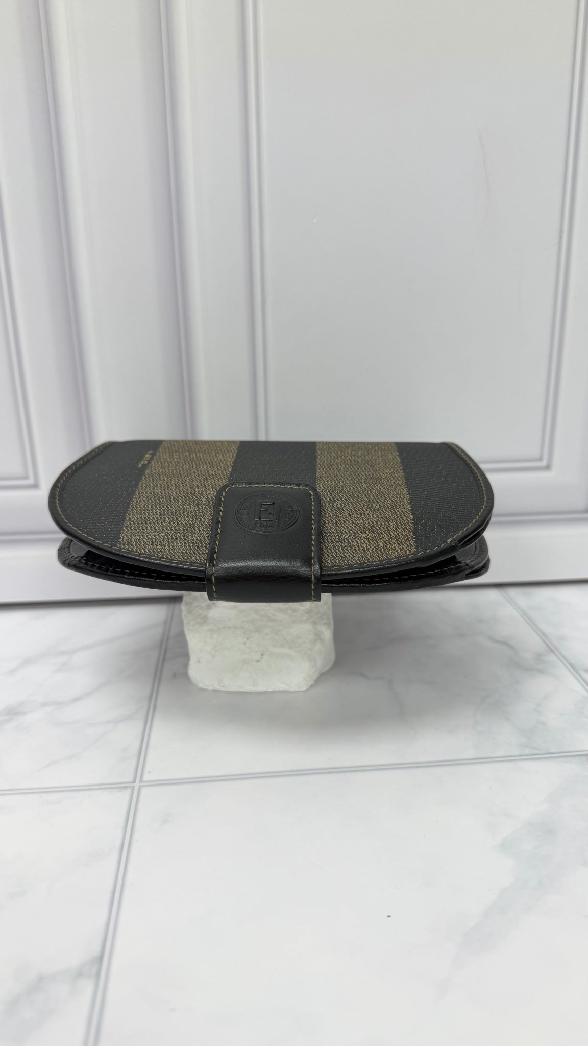 Fendi Brown Canvas Pequin striped Half Moon Wallet