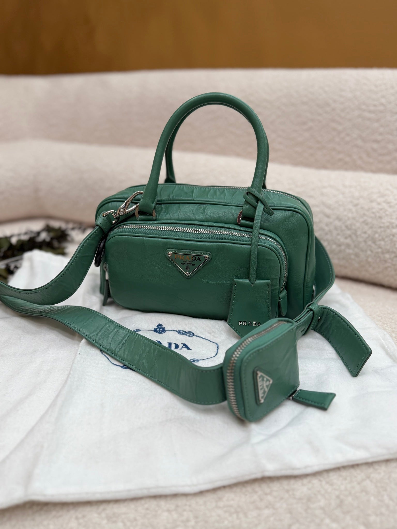 Prada Sage Green Wrinkled Leather MultiPocket 2way Bag