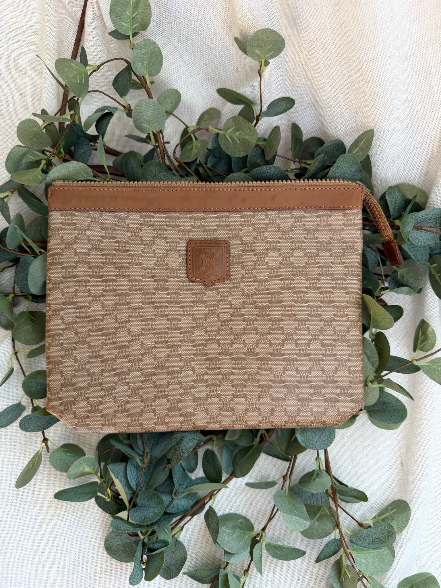 Celine Beige Coated Canvas Macadam Clutch Bag