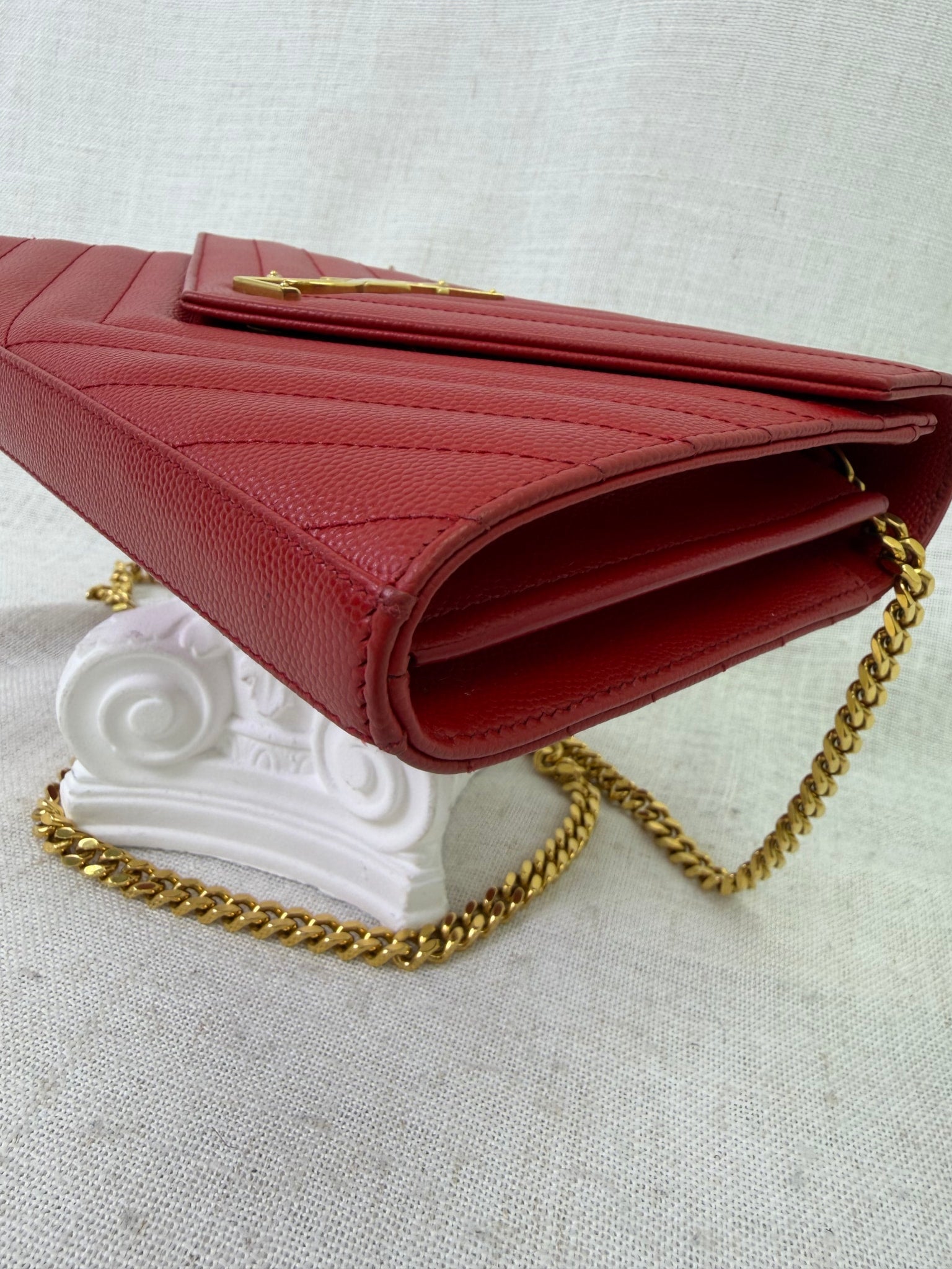 Saint Laurent YSL Red Pebbled Leather Envelope Wallet on a Chain