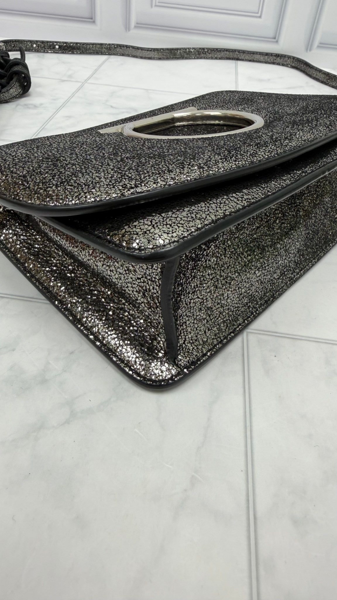 Salvatore Ferragamo Black Crinkled Metallic Leather Clutch Crossbody