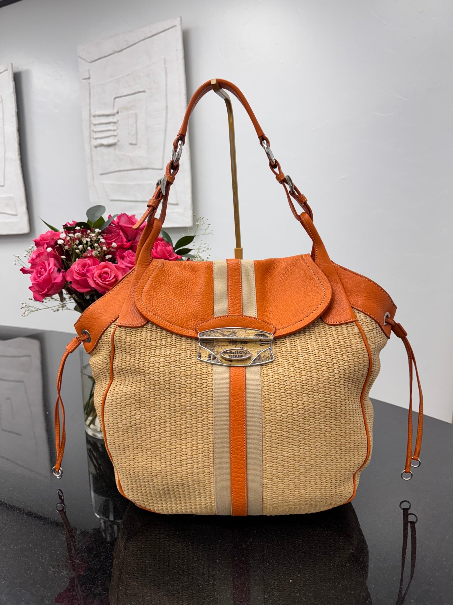 Prada Orange Leather And Raffia Large Shoulder Bag