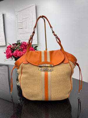 Prada Orange Leather And Raffia Large Shoulder Bag