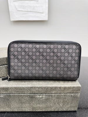 Salvatore Ferrgamo Black And Gray Coated Canvas Double Zippy Wallet