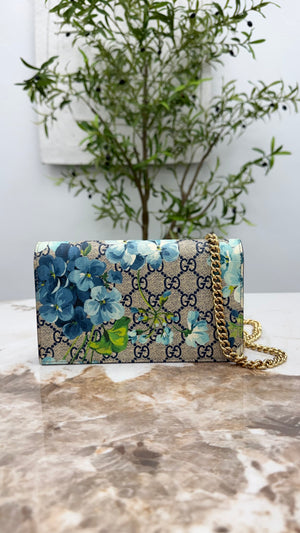 Gucci Blue GG Supreme Blooms Wallet on A Chain