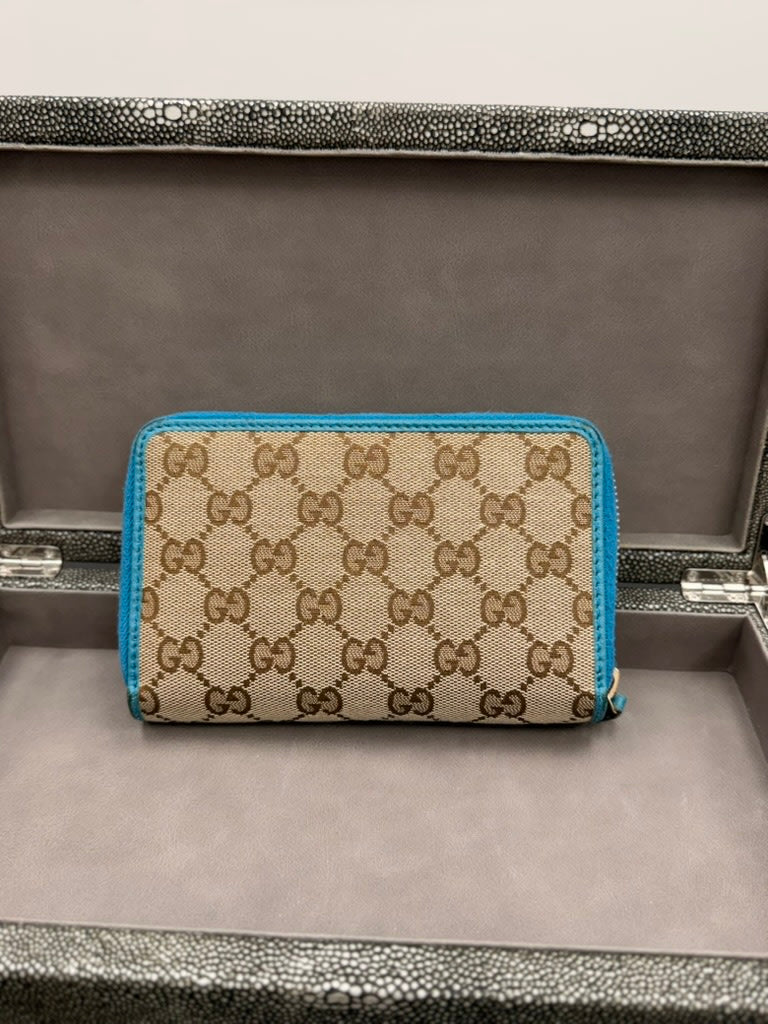 Gucci GG Canvas & Teal Leather Compact Zippy Wallet